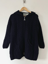 Aran Crafts Ireland Merino Wool Cable Knit 3/4 Length Hooded Cardigan Size L