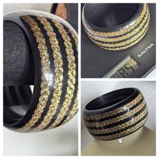 Vintage Costume Plastic Lucite Wide Cuff Bangle Bracelet Black & Sequins Inset