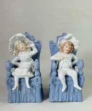 Antique 19th C German Bisque Porcelain Boy & Girl Pair In Blue Chairs Figurines