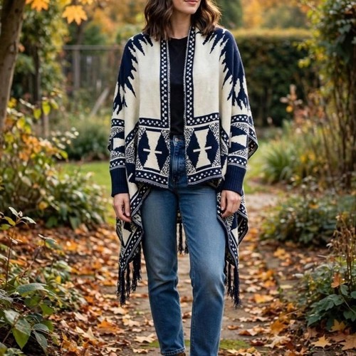 Navy cream aztec shawl - shawl, poncho
