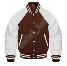 Varsity Letterman  Brown Wool body White Leather Raglan Sleeves Bomber Jacket
