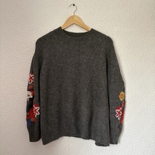 Zara Grey Knitted Jumper With Embroidered Flowers Size Small