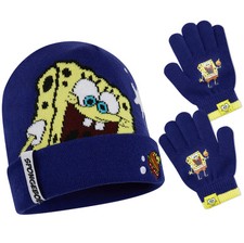 SpongeBob SquarePants Boys Winter Set Beanie Hat Gloves Soft Stretch Accessories