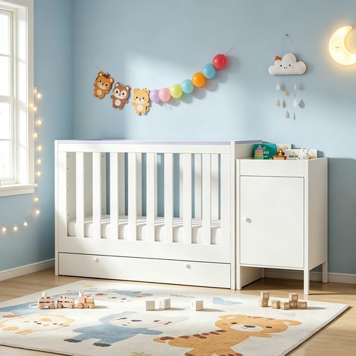 White baby cot teething - white, rails