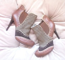 Poetic Licence brown leather & fabric patterned ankle high heel boots UK 5  EU38