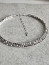 2 Row Silver Clear Rhinestone Diamante Crystal CZ Choker Necklace Party Gift
