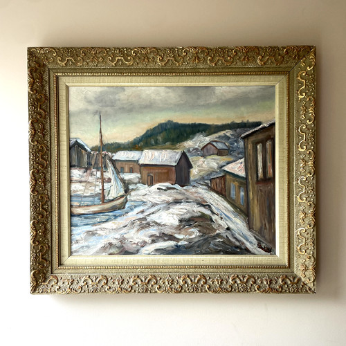 Vintage snowy harbour - vintage,