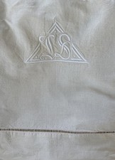 New VINTAGE FRENCH LINEN METIS SHEET MONOGRAM JS 212 x 290cm LADDERSTITCH 