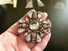 Maltese Cross Brooch Pendant Antiqued Gold Metal & Clear Crystal 1980s
