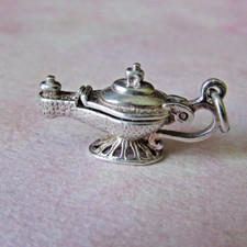 VINTAGE SILVER OPENING GENIE LAMP WITH RED ENAMELLED GENIE CHARM