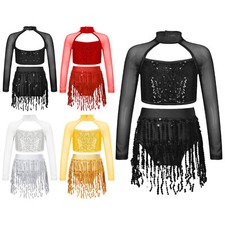 Kids Girls Shirt And Skirts Ballroom Dancewear School Crop Top With Skirt Team