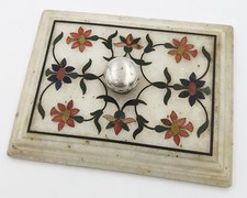 1897 INDIAN WHITE MARBLE PIETRA DURA & SILVER PAPERWEIGHT