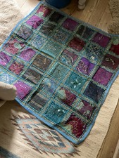 Indian Sequinned, Gold Tread And Sari Fabric Square Throw Wall Covering 39”x39”