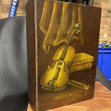 Still Life Painting Of Violin & Books Painted On A Vintage Box