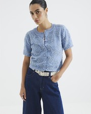 River Island Womens Cardigan Blue Short Sleeve Floral Overlay Jumper Top
