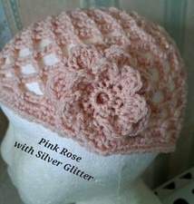 PEACH ROSE DK / LUREX CROCHET SKULL CAP HAT 70s Fancy Dress Party Abba Casual