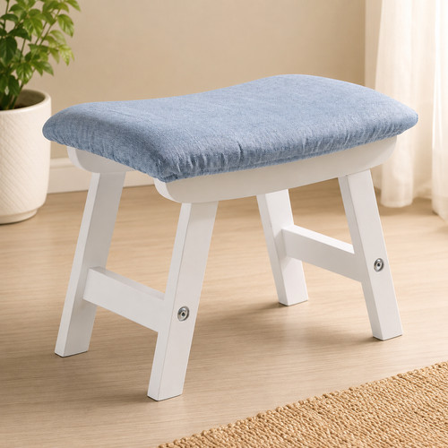 Wooden footstool blue padded - wooden,