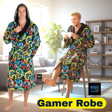 Mens GENTS  Dressing Gown Fleece  Hooded Gamer  Design Gift xmas birthday