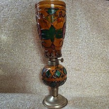 Antique Brass Oil Lamp, Duplex Burner, Corinthian Column, Black Base, Chimney