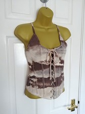 BNWOT ZARA Size M (UK 10) Brown & Cream Mix Corset Fitted Vest Top Lace-up Front