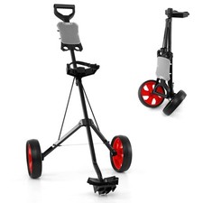 COSTWAY 2 Wheel Foldable Golf Trolley Push Pull Cart with Scoreboard-Red