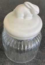 Bunny Rabbit Storage Jar - Retro Ribbed Glass With White Ceramic Lid