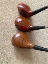 Ben Hogan Persimmon Woods 1, 3 & 4 Good Condition + 3 Leather Head-covers
