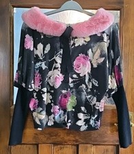 Blugirl Blumarine Womens Floral Print Pink Faux Fur Collar Cardigan Size M