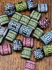 25 tribal style beads with green, pink, blue detail for jewellery making 