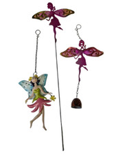Metal Garden Pink Fairy Glass Wings Stake 55cm Fairy Windchime Hanging Fairy - 3