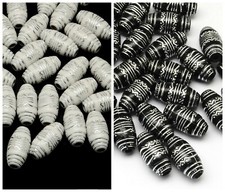 SILVER Beads Black White Oval Patterned Tribal Ethnic Style 20mm x 10mm 10pcs