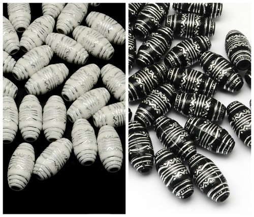 Silver beads black white oval - silver,