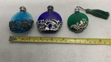 Antique Silver Overlay Glass Perfume Scent Bottle Lot Victorian Style Blue Green
