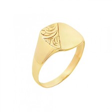 9ct Yellow Gold Half-Engraved Cushion Signet Ring - Size U -14mm