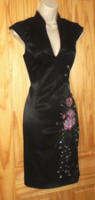 Black lightweight satin embroidered wiggle dress oriental style size 8 Party
