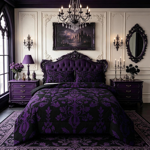 Purple black vintage damask - black,