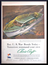 1943 A WWII Vtg Print AD CHRIS CRAFT EXPRESS CRUISER BOAT FLAG SPORT WAR BONDS