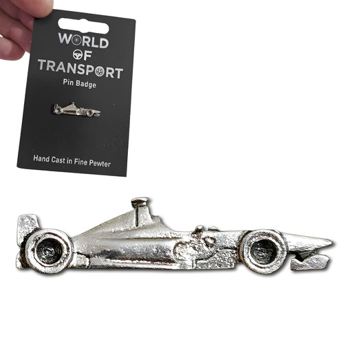 Race car pin badge - car, pewter