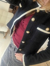 New F&F black boucle box fit cropped jacket, round neck, gold pearl buttons, 8
