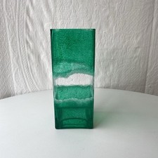 Green Glass Vase Textured Sea Waves Design Tall Rectangular Flower Display