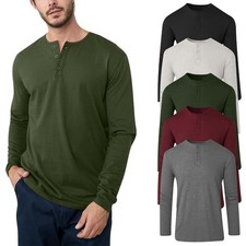 Men's Long Sleeve Plain Henley Grandad Collar T-Shirt Open Cuff Casual Tee Top