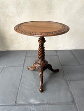 Antique Vintage Table Side Wine Occasional Table Spiral Base Oak Top Carved Edge