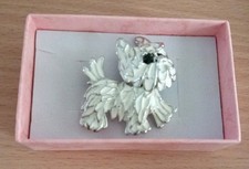 White Enamel Yorkie/Terrier Puppy Dog Brooch In Rhodium Plating 4cm Giftboxed 
