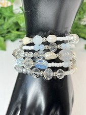 Handmade White Memory Wire Wrap Beaded Bangle Bracelet Glass, Pearl & Crystal