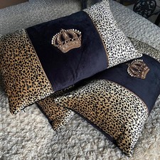 SET of 4 x PAOLETTI LEOPARD PRINT & PEARLY CROWN / BLACK VELVET CUSHIONS