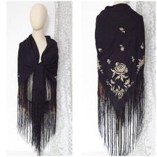 Vintage 1940s 1950s 1970s Deco Style Black Embroidered Floral Piano Shawl Scarf
