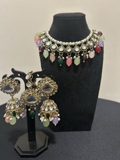 Indian Women Multicoloured kundan Necklace Set With Jhumki And Tikka Set