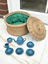 Blue Mini Tiny Cups Tea Set X 11 Pieces In Basket With Lid Home Decor