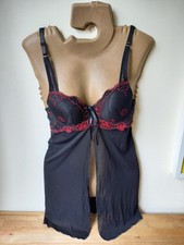 Sexy Black Semi Sheer Red Lace Padded Cups Open Front Baby Doll 38C BRAND NEW