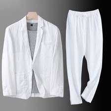 2 Pc Set Summer Men One Button Suit Cotton Linen Causal Blazer Pants Coat Jacket